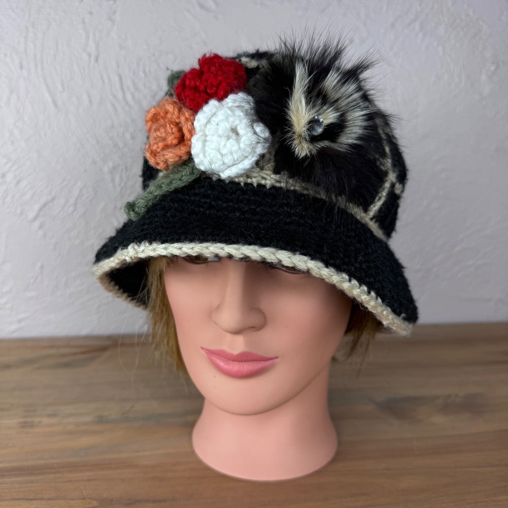 Vintage 80s Knit Crochet Cloche Hat 3D Flowers Fur Rosette Black White Goth